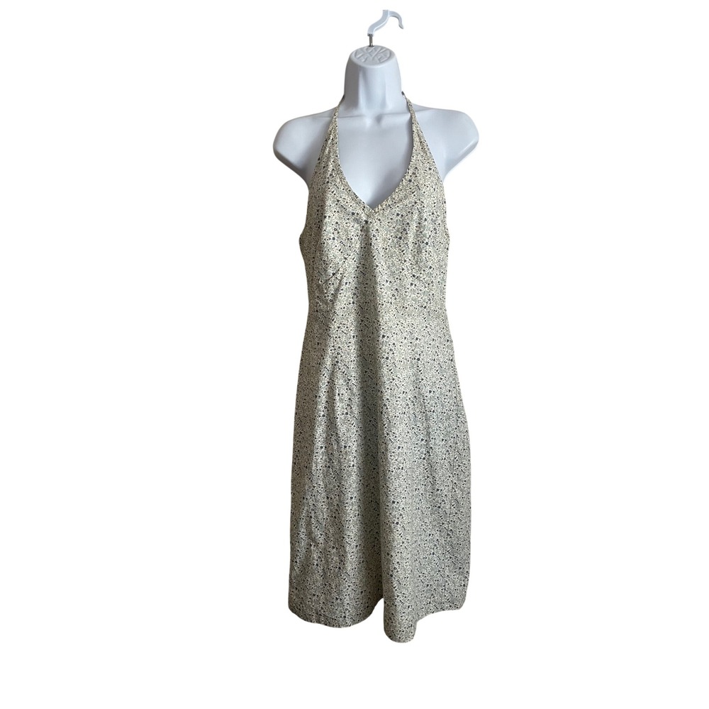 VTG Y2K Babydoll Micro Floral Halter Midi Dress Cream Blue Cotton 10 Cottage